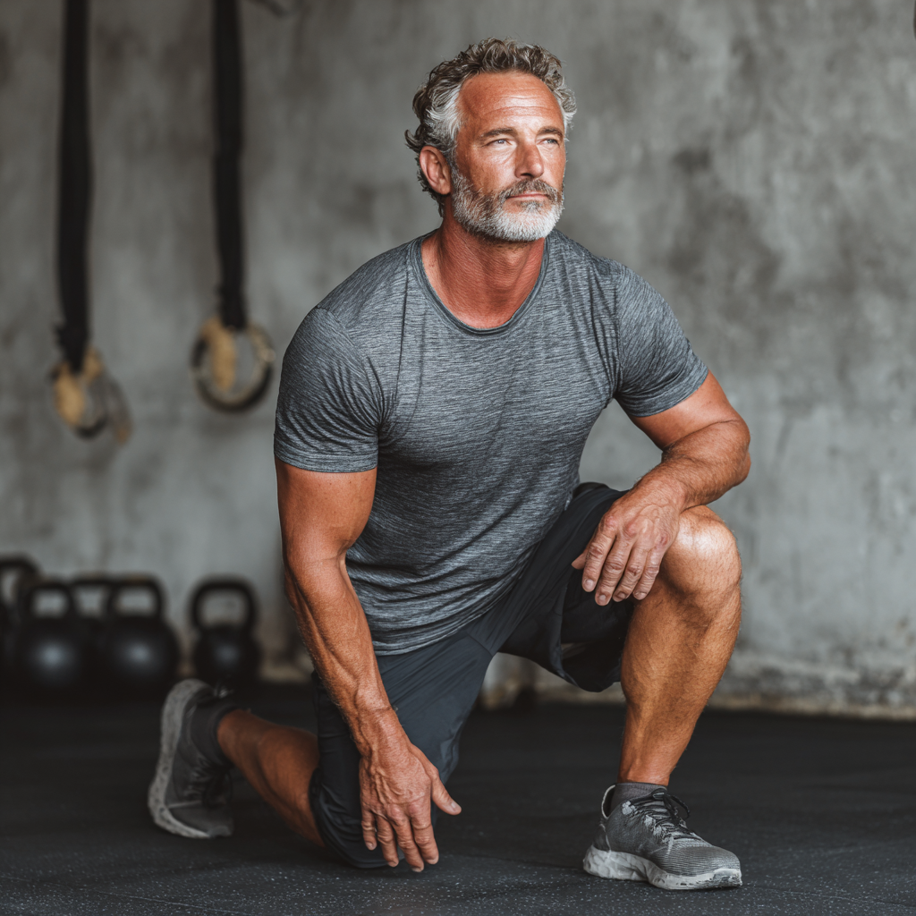Middle-aged man demonstrating flexibility and strength during functional movement training
